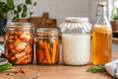 Bocaux de kimchi, carottes lactofermentées, kéfir et kombucha maison alignés sur un plan de travail