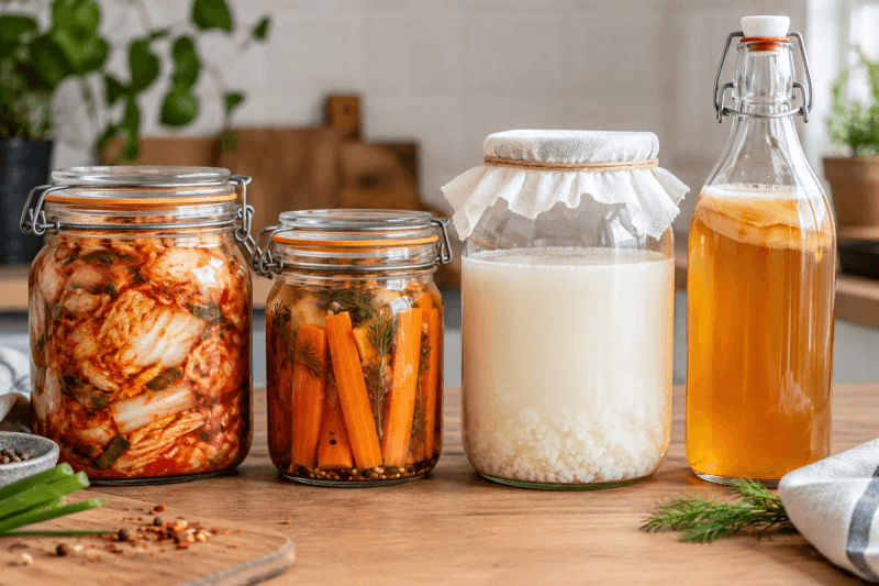 Bocaux de kimchi, carottes lactofermentées, kéfir et kombucha maison alignés sur un plan de travail