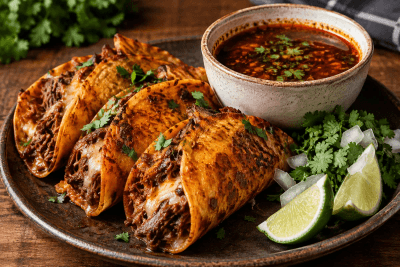 Birria tacos de bœuf dorés et garnis de fromage fondant, servis avec une tasse de consommé rouge, oignon, coriandre et citron vert