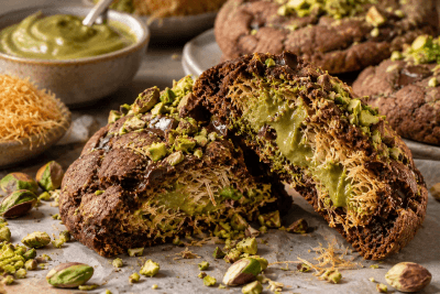 Cookie au chocolat coupé en deux révélant un cœur de crème de pistache verte et de kadayif croustillant, parsemé de pistaches