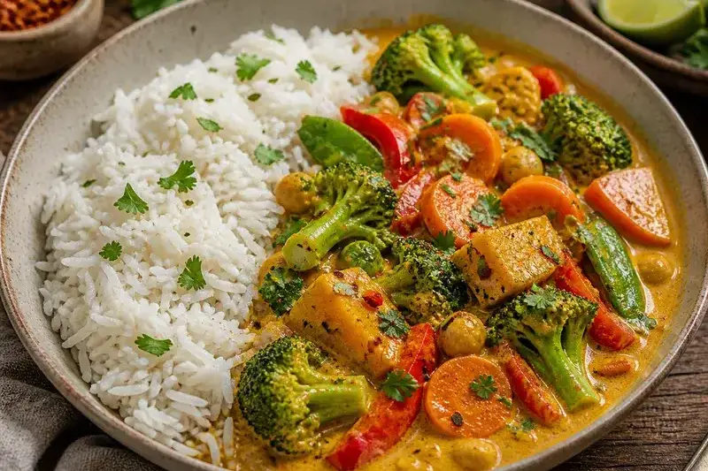 Curry de légumes maison avec lait de coco et riz basmati