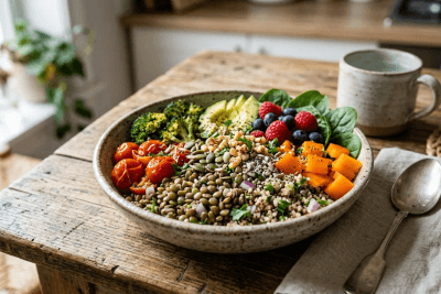 Bol riche en fibres avec lentilles, quinoa, légumes colorés, fruits rouges et graines sur une table en bois