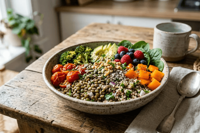Bol riche en fibres avec lentilles, quinoa, légumes colorés, fruits rouges et graines sur une table en bois