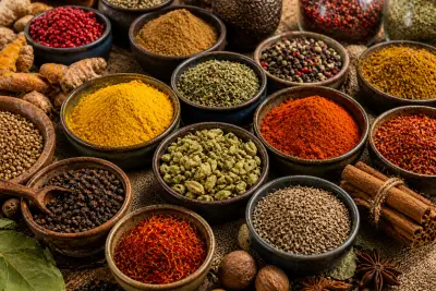 Collection d'épices colorées du monde entier — curcuma, cumin, cannelle, cardamome