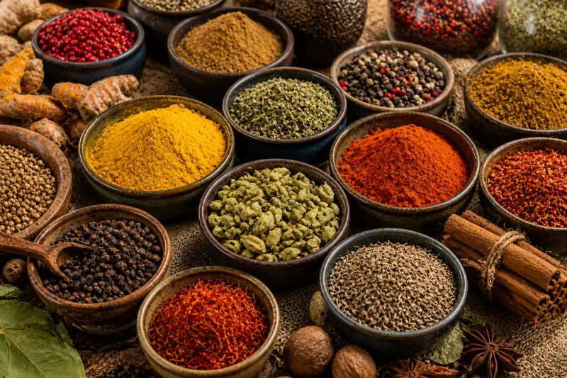 Collection d'épices colorées du monde entier — curcuma, cumin, cannelle, cardamome