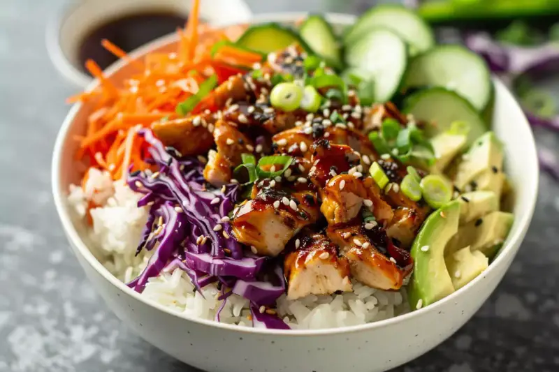 Poke bowl végan coloré avec tofu, avocat et légumes frais