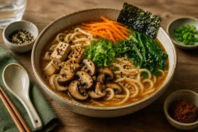 Bol de ramen végan au miso avec champignons et nouilles