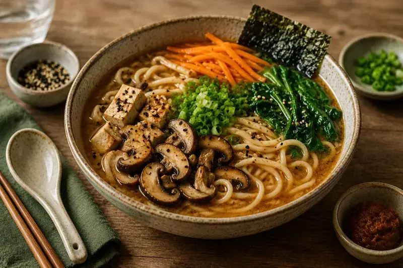 Bol de ramen végan au miso avec champignons et nouilles