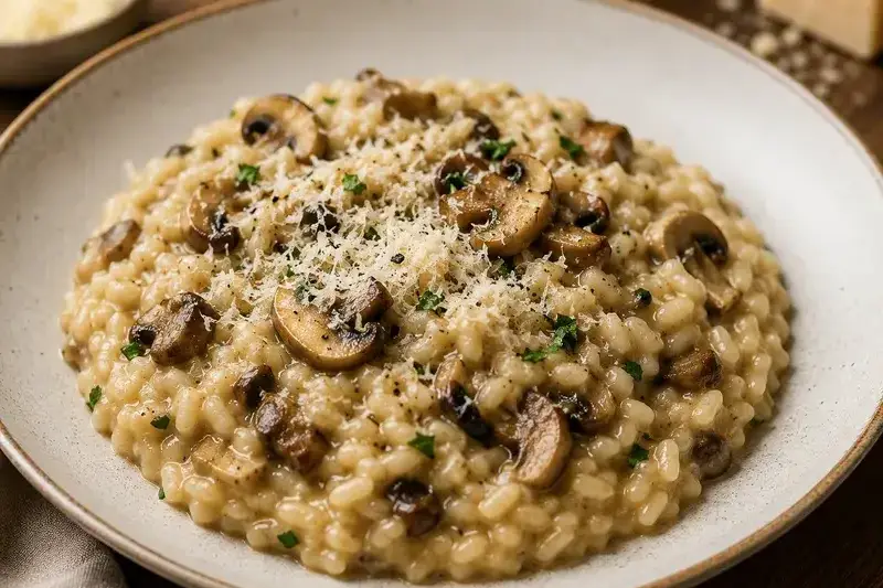 Risotto crémeux aux champignons et parmesan dans une assiette