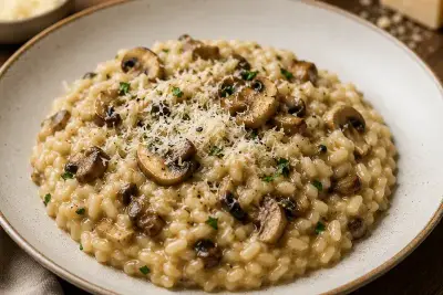 Risotto crémeux aux champignons et parmesan dans une assiette