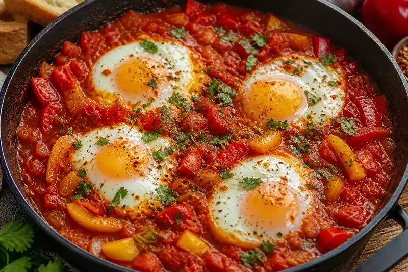 Shakshuka aux œufs pochés dans une sauce tomate épicée aux poivrons