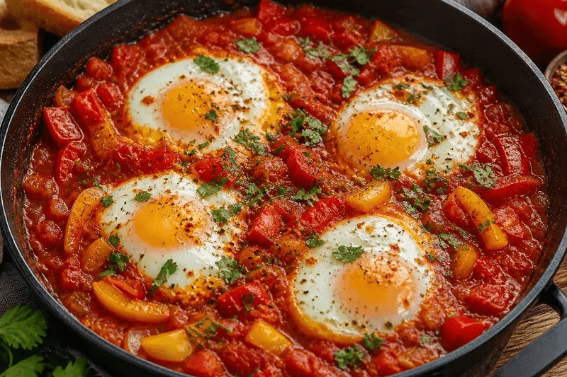 Shakshuka aux œufs pochés dans une sauce tomate épicée aux poivrons