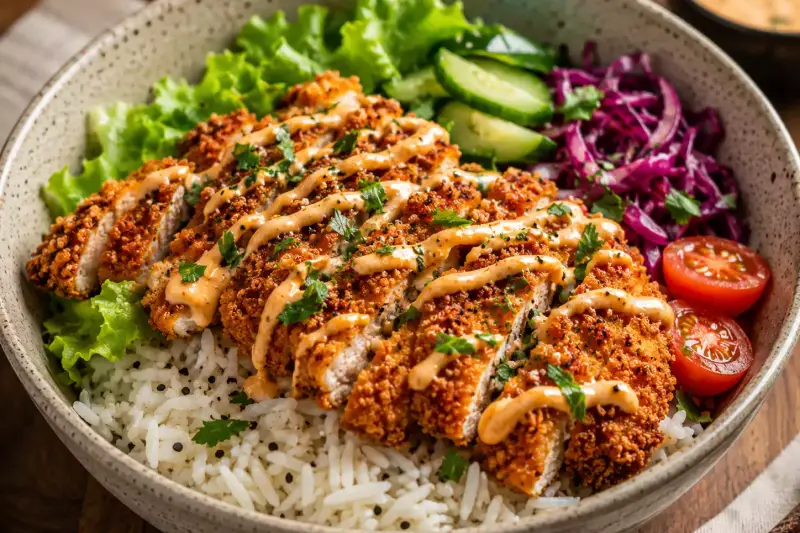 Bowl de Tasty Crousty maison avec riz basmati, poulet frit croustillant et sauce crémeuse épicée