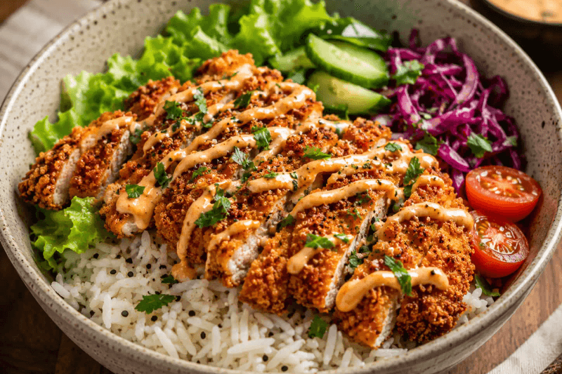 Bowl de Tasty Crousty maison avec riz basmati, poulet frit croustillant et sauce crémeuse épicée