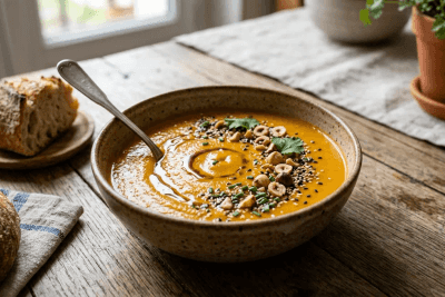 Bol de velouté de potimarron orange au miso, parsemé de noisettes torréfiées, de graines de sésame et d'un filet d'huile de sésame